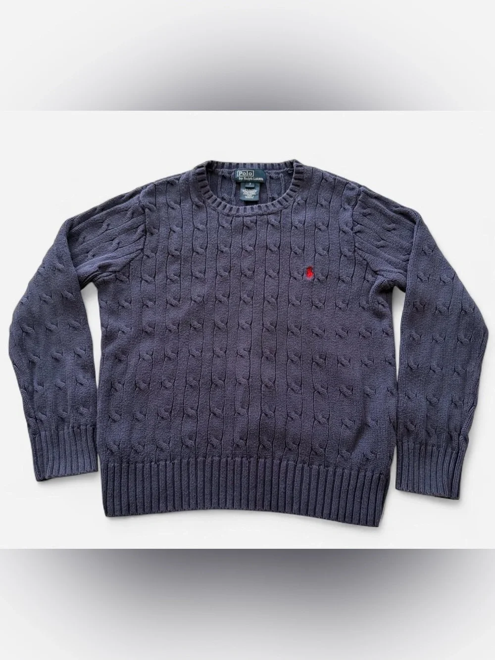 Polo Ralph Lauren Youth Navy Cable-Knit Crewneck Sweater with Red Pony